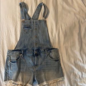 denim short overalls with lace detail